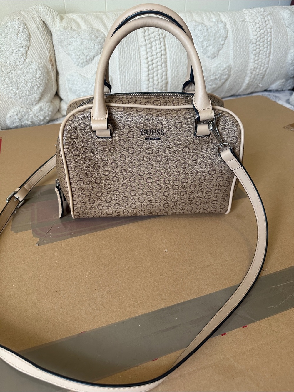 The GUESS Logo Print Small Satchel Top Handle Bag in beige and brown - Picture 2 of 9